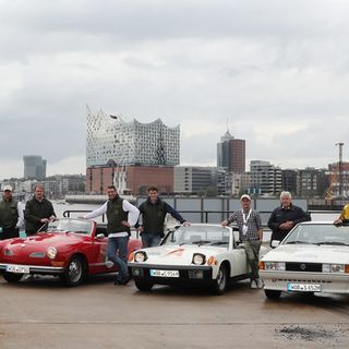 Hamburg-Berlin-Klassik 2018: Team Autostadt an der Hafenspitze des UNIKAI. Foto: Auto-Medienportal.Net/Autostadt